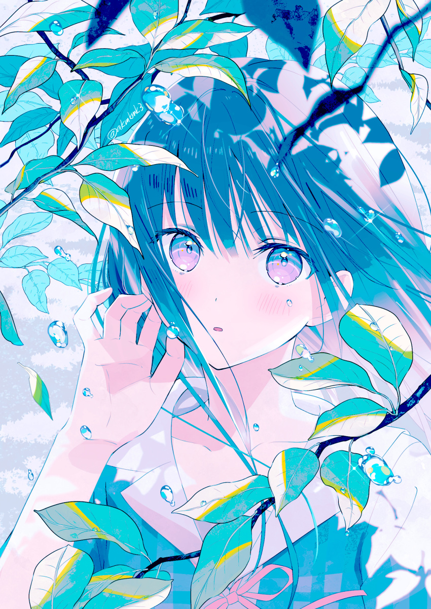 1girl akamoku artist_name bangs banned_artist black_hair blush branch collarbone commentary_request day dot_nose eyelashes hand_up highres leaf long_hair looking_at_viewer neck_ribbon original outdoors parted_lips ribbon shirt solo sparkle twitter_username upper_body water_drop