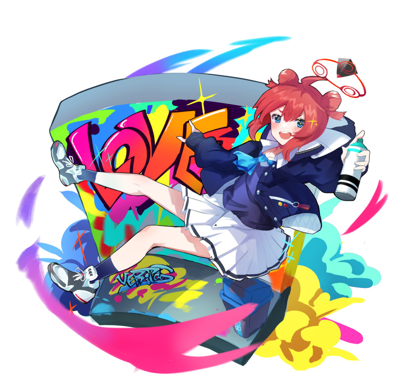 1girl :d ahoge bangs black_socks blue_archive blue_eyes blue_necktie blue_sweater_vest double_bun geco_gecko graffiti hair_bun halo highres holding hood hooded_jacket id_card jacket jumping long_sleeves looking_at_viewer maki_(blue_archive) necktie open_mouth outstretched_arms painting_(action) pleated_skirt puffy_sleeves redhead shirt shoes short_hair sidelocks skirt sleeves_past_wrists smile sneakers socks solo spray_can spray_paint sweater_vest trash_can wall white_shirt white_skirt