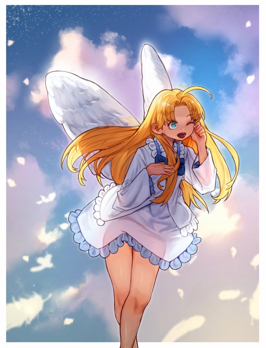 1girl absurdres ahoge backlighting blonde_hair blue_bow border bow dress english_commentary fairy fairy_wings feathers firo_(tate_no_yuusha_no_nariagari) flat_chest highres huge_ahoge hymin long_hair one_eye_closed open_mouth outside_border pinup_(style) see-through see-through_dress solo tate_no_yuusha_no_nariagari white_border white_dress wings