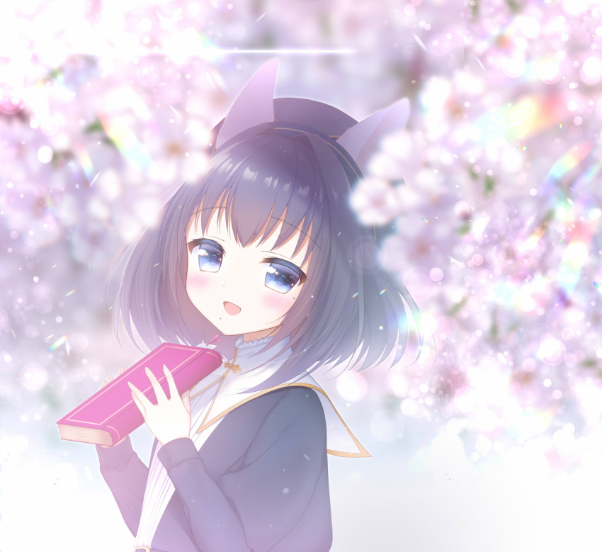 1girl :d animal_ears beret black_dress black_hair black_headwear blue_eyes blurry blurry_foreground blush book cherry_blossoms commentary_request depth_of_field dress hands_up hat highres holding holding_book juliet_sleeves long_sleeves mole mole_under_eye mole_under_mouth original puffy_sleeves seta_(monyun) smile solo upper_body