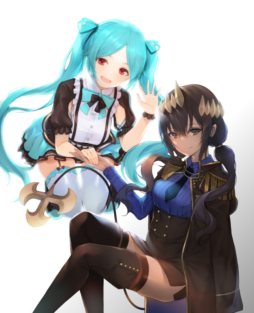 armpit_cutout bangs black_bow black_footwear black_hair black_necktie black_skirt black_thighhighs blue_bow blue_hair blue_shirt blue_skirt boots bow breasts clothing_cutout coat coat_on_shoulders collared_shirt dark-skinned_female dark_skin demon_girl demon_horns demon_tail epaulettes flying frilled_shirt frilled_thighhighs frills garter_straps hair_ribbon high-waist_skirt highres holding_hands honey_strap horns invisible_chair kuro_cat_3 long_hair looking_at_viewer low_twintails maid medium_breasts military_coat miniskirt necktie official_alternate_costume open_mouth parted_bangs pleated_skirt pointy_ears puffy_short_sleeves puffy_sleeves red_eyes ribbed_shirt ribbon shimamura_charlotte shirt short_sleeves side_slit simple_background sitting skindentation skirt smile tail thigh-highs thigh_boots twintails virtual_youtuber waving white_background white_thighhighs yamato_iori yellow_eyes