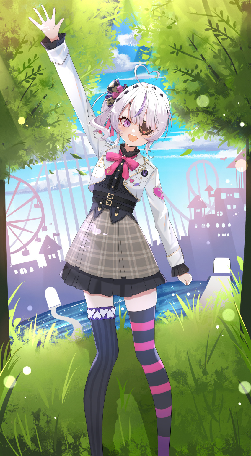 1girl :d absurdres ahoge amusement_park arm_up asymmetrical_legwear bangs black_corset black_shirt black_thighhighs blue_sky blunt_bangs blush bow bowtie buttons center_frills city clouds commentary corset cropped_jacket day dreamoon eyelashes eyepatch feet_out_of_frame ferris_wheel frilled_skirt frilled_sleeves frills grass grey_skirt hair_bow hair_ornament hair_ribbon heart heart_ahoge highres jacket lapels light_rays long_sleeves looking_at_viewer maria_marionette medium_hair mismatched_legwear multicolored_hair nijisanji nijisanji_en one_eye_covered open_clothes open_jacket open_mouth outdoors pink_bow pink_bowtie pink_ribbon plaid plaid_skirt ponytail purple_hair ribbon roller_coaster shirt side_ponytail sidelocks silhouette skirt sky skyline smile solo sparkle standing sticker streaked_hair striped striped_thighhighs sunlight teeth thigh-highs tree upper_teeth violet_eyes virtual_youtuber waving wavy_hair white_hair white_jacket zettai_ryouiki