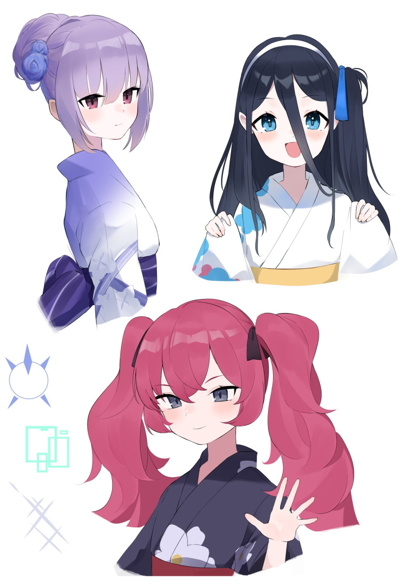 3girls arisu_(blue_archive) atsuko_(blue_archive) beko_(beco_1122) black_hair blue_archive blue_necktie bow braid flower gloves grey_eyes hair_bow hair_flower hair_ornament hairband highres iroha_(blue_archive) japanese_clothes kimono logo long_hair multiple_girls necktie one_side_up pouty_lips purple_hair redhead side_ponytail simple_background smile twintails violet_eyes white_kimono