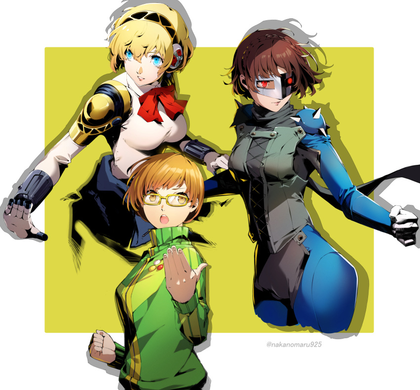 3girls absurdres aegis_(persona) android blonde_hair blue_eyes brown_eyes brown_hair highres jacket joints multiple_girls nakano_maru niijima_makoto persona persona_3 persona_4 persona_5 red_eyes robot_joints satonaka_chie short_hair skirt smile track_jacket