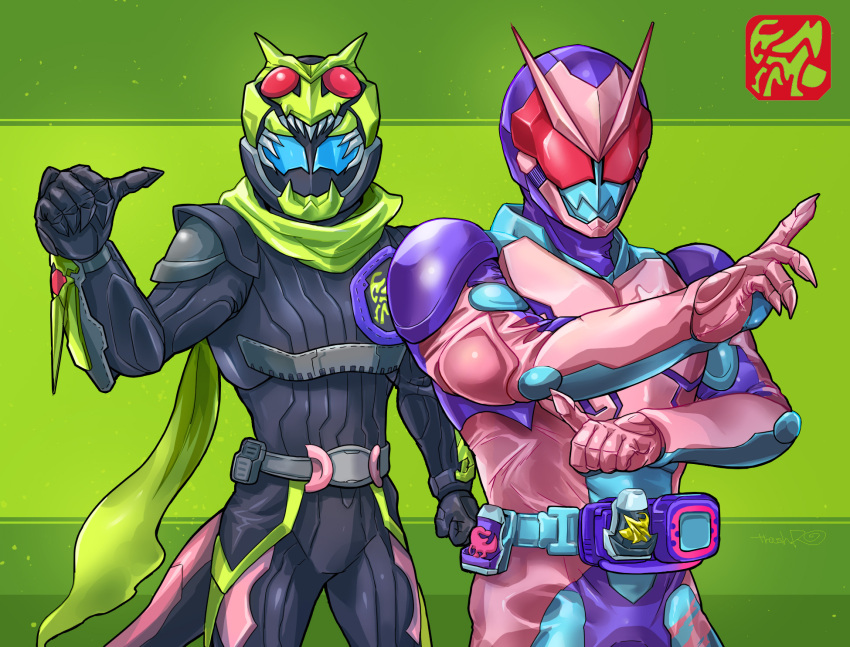 2boys adapted_costume animal_hood antennae blue_eyes bug commentary_request demon demon_boy grasshopper green_scarf highres hood huujyu kamen_rider kamen_rider:_beyond_generations kamen_rider_01_(series) kamen_rider_revi kamen_rider_revice kamen_rider_vice male_focus multiple_boys neo-batta_genome pink_armor pointing pose purple_armor reiwa rising_hopper scarf tokusatsu vistamp