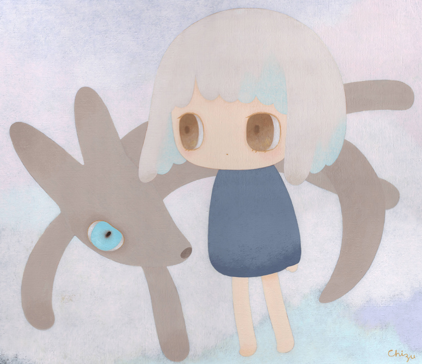 1girl animal aqua_eyes bangs barefoot blue_background blue_eyes bob_cut closed_mouth full_body grey_background grey_hair legs_apart light_blue_background light_blue_hair long_sleeves looking_ahead muted_color no_lineart no_nose original outdoors painting_(medium) short_hair standing traditional_media wada_chizu