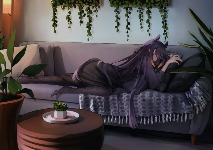 1girl closed_eyes couch cushion highres hololive hololive_english indoors long_hair lying nalumia ninomae_ina'nis on_couch pantyhose plant pointy_ears potted_plant purple_hair sleeping tentacle_hair virtual_youtuber