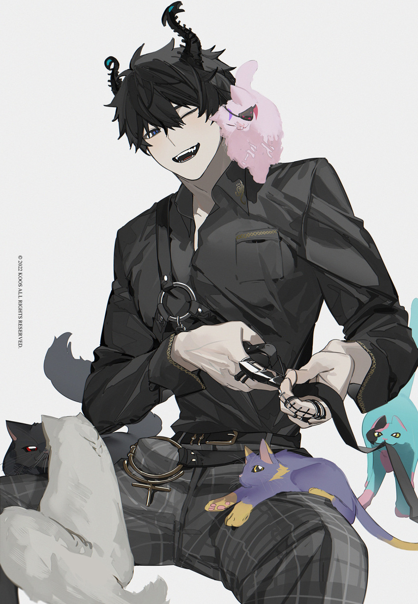 aia_amare animal_on_lap animal_on_shoulder animalization aster_arcadia asymmetrical_horns bangs black_cat black_hair black_shirt blue_cat cat cat_on_lap cat_on_shoulder claw_ring commentary copyright demon_horns fangs hair_between_eyes highres horns jewelry k00s kyo_kaneko male_focus maria_marionette multiple_rings nijisanji nijisanji_en nuzzle on_lap one_eye_closed open_mouth pants pink_cat plaid plaid_pants purple_cat ren_zotto ring scarle_yonaguni shirt simple_background smile solo_focus symbol-only_commentary virtual_youtuber white_background white_cat
