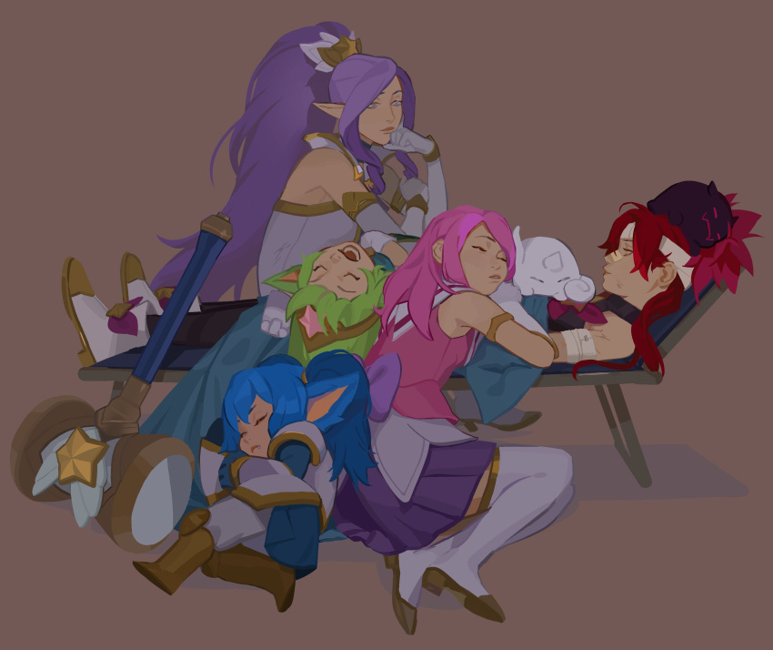 5girls bare_shoulders black_pantyhose blue_hair boots brown_background elbow_gloves gloves green_hair grey_gloves hammer highres janna_(league_of_legends) jinx_(league_of_legends) knee_boots league_of_legends long_hair lower_teeth lulu_(league_of_legends) lux_(league_of_legends) lying multiple_girls on_back open_mouth pantyhose pink_hair pink_shirt pleated_skirt pointy_ears poppy_(league_of_legends) purple_skirt redhead shiny shiny_hair shirt shoes simple_background skirt sleeping star_guardian_(league_of_legends) star_guardian_janna star_guardian_jinx star_guardian_lulu star_guardian_lux star_guardian_pet star_guardian_poppy suqling teeth thigh-highs thigh_boots white_thighhighs yordle