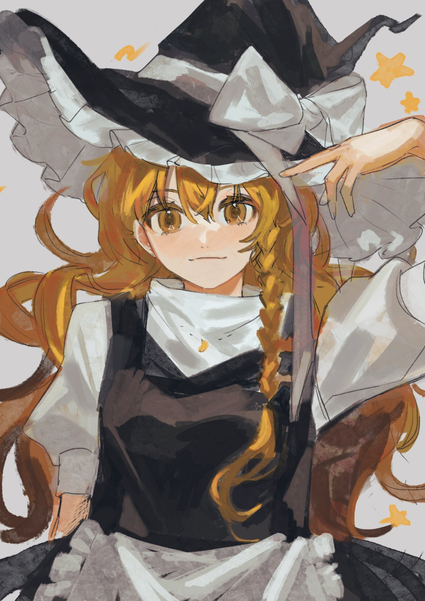 1girl :3 apron arm_at_side black_dress black_headwear blonde_hair blush bow braid closed_mouth commentary dress eyebrows_hidden_by_hair gotagotay grey_background hair_between_eyes hand_up hat hat_bow highres kirisame_marisa long_hair looking_at_viewer puffy_short_sleeves puffy_sleeves shirt short_sleeves simple_background single_braid solo star_(symbol) symbol-only_commentary touhou upper_body very_long_hair waist_apron white_apron white_bow white_shirt witch_hat yellow_eyes