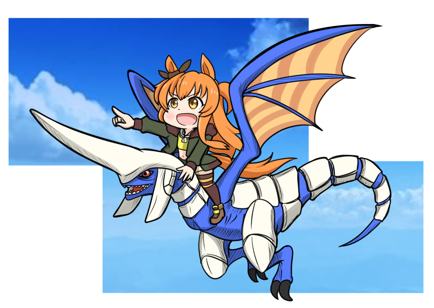 1girl absurdres animal_ears aonoji blue_dragon_(panzer_dragoon) bomber_jacket bow brown_bow brown_jacket brown_thighhighs chibi crop_top dragon ear_bow highres horse_ears horse_girl horse_tail jacket long_hair long_sleeves mayano_top_gun_(umamusume) midriff navel orange_eyes orange_hair panzer_dragoon pointing riding riding_dragon shirt sky tail thigh-highs two_side_up umamusume yellow_shirt