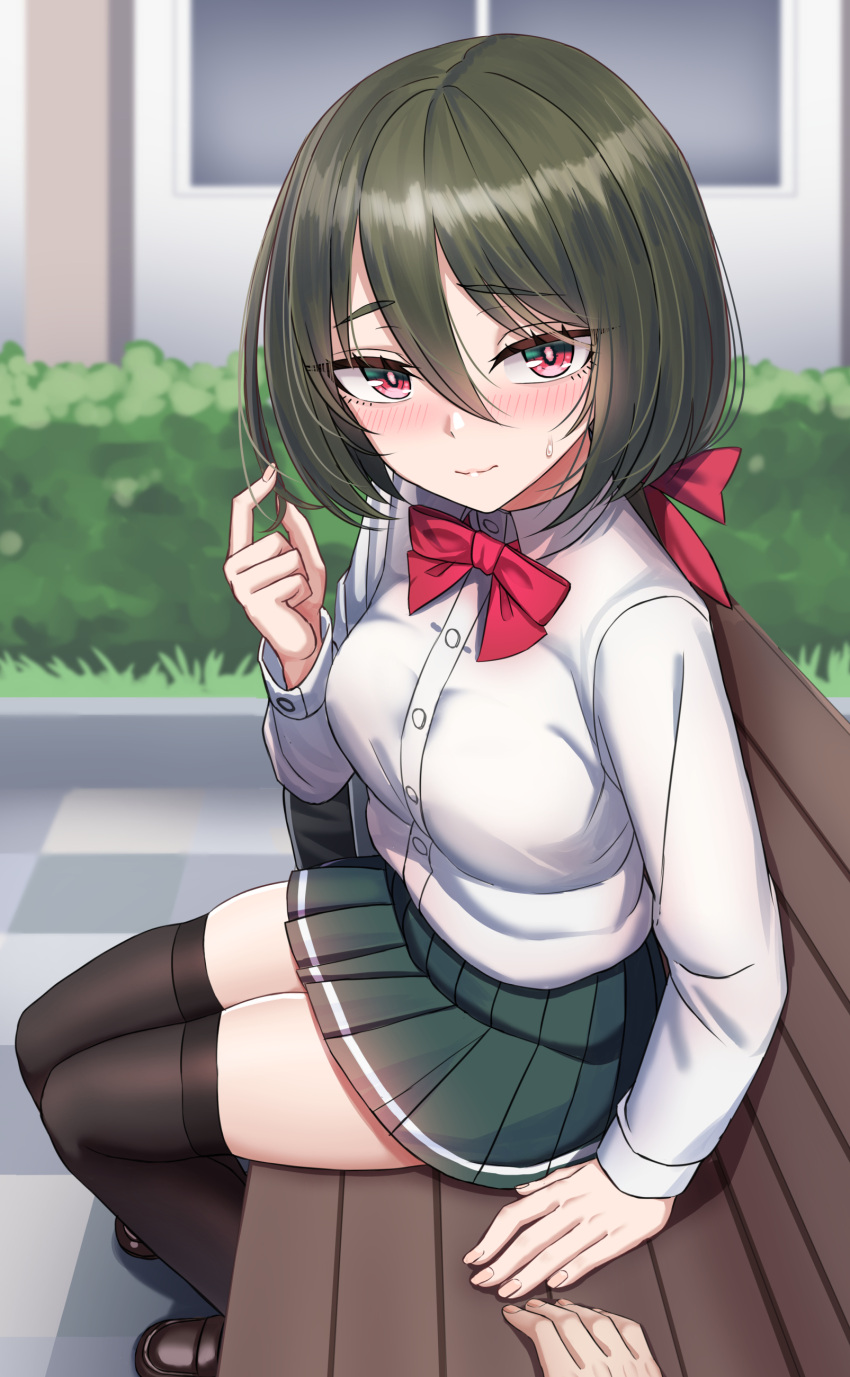 1girl absurdres bench black_thighhighs blurry blurry_background blush breasts brown_footwear bush buttons closed_mouth green_hair green_skirt hair_between_eyes highres loafers long_sleeves looking_at_viewer original outdoors pleated_skirt red_eyes sayano_(yakob_labo) shirt shoes sitting skirt solo_focus thigh-highs white_shirt yakob_labo