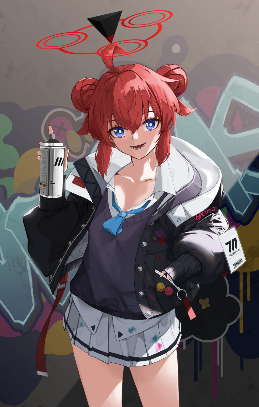 1girl :d absurdres ahoge badge bangs blue_archive blue_eyes blue_necktie button_badge collarbone collared_shirt cowboy_shot double_bun graffiti hair_bun halo highres holding hood hooded_jacket id_card jacket kasasasagi long_sleeves looking_at_viewer maki_(blue_archive) necktie open_clothes open_jacket pleate redhead shirt short_hair sidelocks skirt smile smiley_face solo spray_can spray_paint standing sweater_vest wall