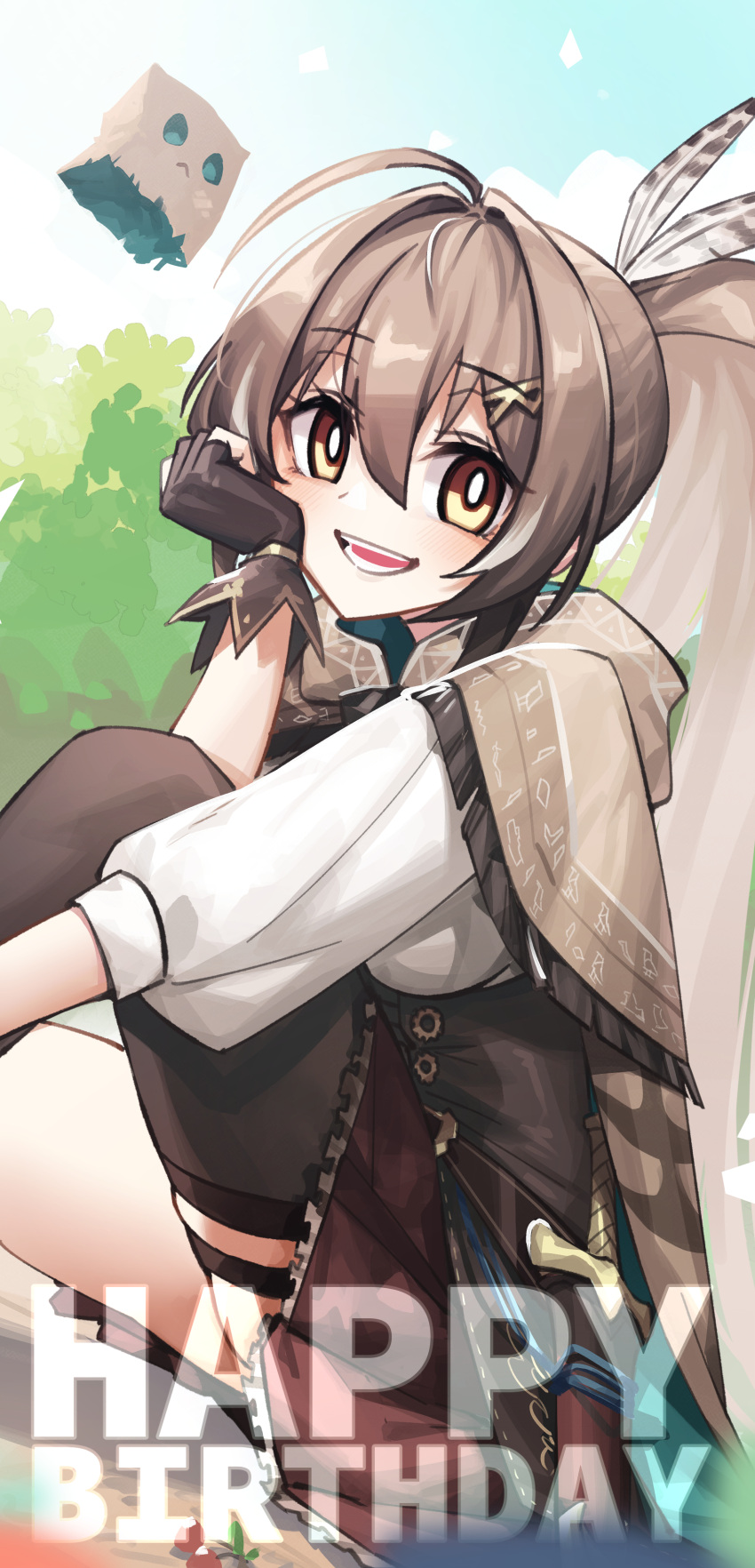 1girl absurdres adarin ahoge asymmetrical_legwear bangs belt brown_capelet brown_cloak brown_corset brown_eyes brown_hair capelet cloak corset dagger english_text feather_hair_ornament feathers friend_(nanashi_mumei) gloves hair_ornament hairclip happy_birthday head_rest highres hololive hololive_english kneehighs knife long_hair looking_at_viewer multicolored_hair nanashi_mumei on_ground partially_fingerless_gloves pleated_skirt ponytail red_skirt ribbon shirt single_kneehigh single_sock single_thighhigh sitting skirt socks streaked_hair thigh-highs thigh_strap tree very_long_hair virtual_youtuber weapon white_shirt