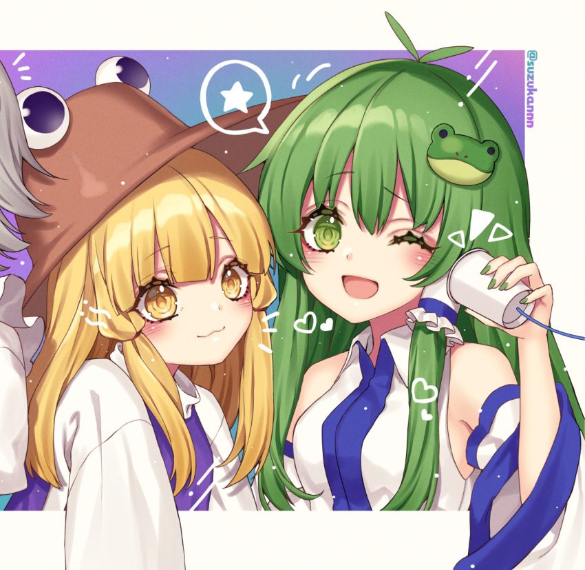 3girls :3 ahoge armpits bangs bare_shoulders blonde_hair blue_background blush border brown_headwear closed_mouth collared_shirt detached_sleeves dress eyelashes fingernails frog_hair_ornament gradient gradient_background green_eyes green_hair green_nails grey_hair hair_between_eyes hair_ornament hair_ribbon hair_tubes hand_up hat heart izayoi_sakuya kochiya_sanae kyouda_suzuka long_hair long_sleeves looking_at_viewer looking_to_the_side medium_hair moriya_suwako multicolored_background multiple_girls nail_polish one_eye_closed open_mouth outside_border puffy_short_sleeves puffy_sleeves purple_background purple_dress red_ribbon ribbon shadow shirt short_hair short_sleeves smile speech_bubble star_(symbol) tongue touhou tress_ribbon twitter_username upper_body white_border white_shirt wide_sleeves yellow_eyes