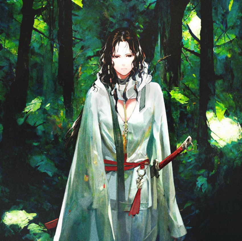 1girl breasts brown_eyes brown_hair cleavage_cutout clothing_cutout commentary_request expressionless forest highres jun_(seojh1029) lips long_hair looking_at_viewer nature original robe solo sword tree weapon