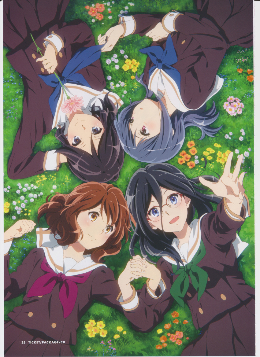 4girls absurdres artist_request bangs black_hair blue_eyes blue_hair blue_neckerchief blush brown_eyes brown_hair brown_shirt brown_skirt closed_mouth curly_hair flower from_above glasses grass green_neckerchief hands_up hibike!_euphonium highres holding holding_flower holding_hands imageboard_desourced kasaki_nozomi kitauji_high_school_uniform long_hair long_sleeves looking_at_another looking_at_viewer lying multiple_girls neckerchief non-web_source official_art on_back open_mouth oumae_kumiko outstretched_arm over-rim_eyewear parted_lips pleated_skirt ponytail red-framed_eyewear red_eyes red_neckerchief sailor_collar school_uniform semi-rimless_eyewear serafuku shirt short_hair skirt smile tanaka_asuka white_sailor_collar yoroizuka_mizore