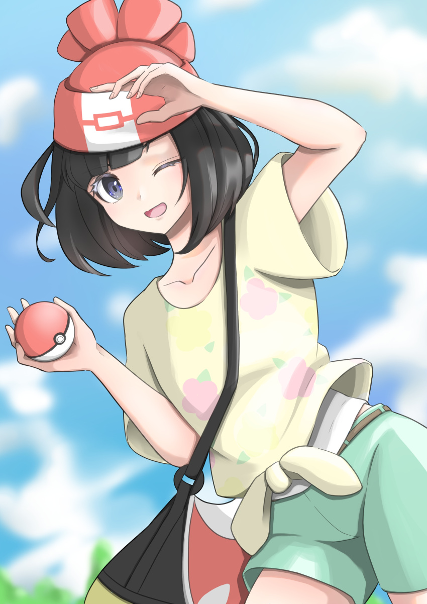 1girl ;d absurdres beanie black_hair clouds commentary_request day floral_print green_shorts hat highres holding holding_poke_ball mochitaro_(mothitaroo) one_eye_closed open_mouth outdoors poke_ball poke_ball_(basic) pokemon pokemon_(game) pokemon_sm red_headwear selene_(pokemon) shirt short_shorts short_sleeves shorts sky smile solo t-shirt tied_shirt tongue