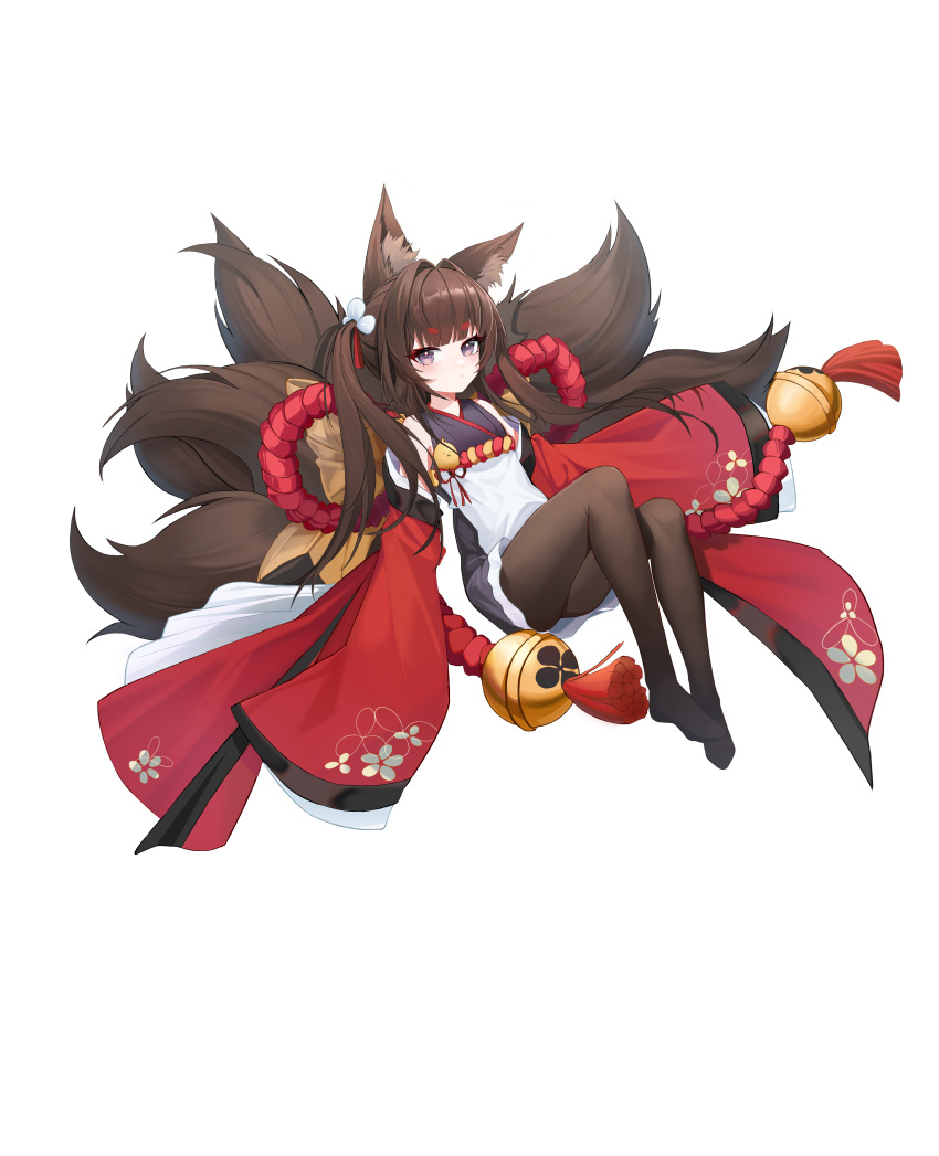 1girl absurdres amagi-chan_(azur_lane) animal_ear_fluff animal_ears azur_lane bangs black_pantyhose brown_hair commentary detached_sleeves fox_ears fox_girl fox_tail full_body grey_eyes hair_ribbon hanslsy highres hikimayu japanese_clothes kimono looking_at_viewer multiple_tails no_shoes pantyhose red_ribbon ribbon sidelocks simple_background sleeves_past_fingers sleeves_past_wrists solo tail twintails very_long_sleeves white_background wide_sleeves
