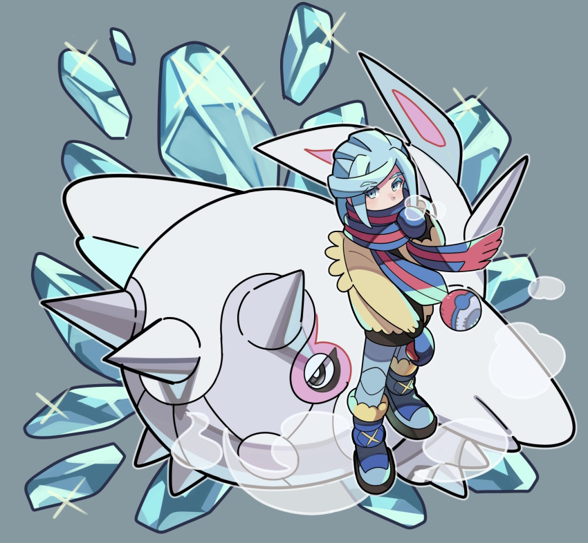 1boy blue_eyes blue_footwear blue_hair boots cetitan commentary_request grey_background grusha_(pokemon) hand_up highres holding jacket long_hair long_sleeves male_focus mittens pants poke_ball_print pokemon pokemon_(creature) pokemon_(game) pokemon_sv scarf sutokame yellow_jacket