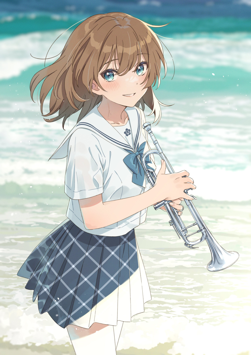 1girl absurdres bangs beach blue_bow blue_eyes blue_skirt blurry blurry_background blush bow bowtie brown_hair collarbone commentary_request cowboy_shot day depth_of_field hechima_(issindotai) highres holding holding_instrument instrument looking_at_viewer medium_hair ocean original patterned_clothing pleated_skirt sailor sailor_collar sand see-through see-through_sleeves shirt short_sleeves skirt smile solo sunlight trumpet walking white_sailor_collar white_shirt