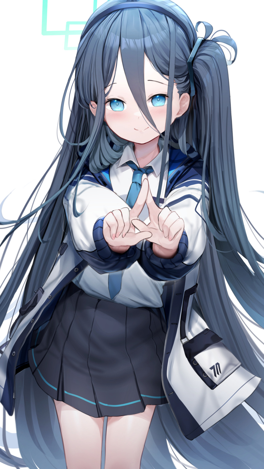 1girl absurdres arisu_(blue_archive) bangs black_hair black_skirt blue_archive blue_eyes blue_necktie blush closed_mouth collared_shirt cowboy_shot hair_between_eyes halo hands_up highres index_finger_raised jacket long_hair long_sleeves looking_at_viewer necktie one_side_up open_clothes open_jacket pleated_skirt school_uniform shirt shirt_tucked_in side_ponytail simple_background skirt smile solo somray unzipped very_long_hair white_background white_jacket white_shirt