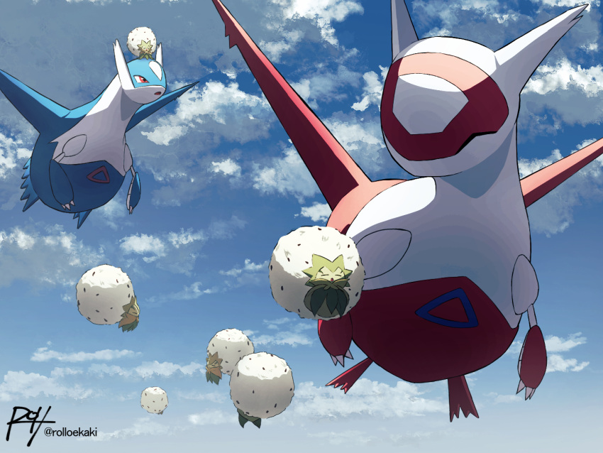 claws closed_eyes clouds commentary_request day eldegoss flying latias latios no_humans on_head open_mouth outdoors pokemon pokemon_(creature) pokemon_on_head red_eyes rolloekaki signature sky