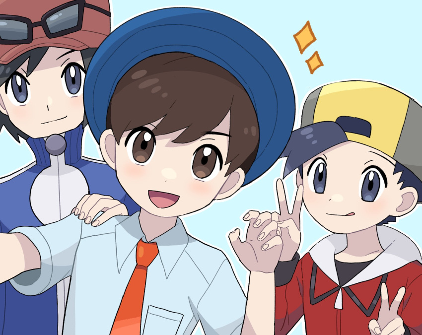 3boys :d :q backwards_hat bangs black_hair black_shirt blue_background blue_headwear blue_jacket brown_eyes brown_hair calem_(pokemon) closed_mouth collared_shirt commentary_request double_v ethan_(pokemon) grey_eyes hand_on_another's_shoulder hands_up hat highres jacket long_sleeves male_focus male_protagonist_(pokemon_sv) multiple_boys necktie open_mouth orange_necktie pokemon pokemon_(game) pokemon_hgss pokemon_sv pokemon_xy red_jacket sana_(37pisana) shirt short_hair short_sleeves smile sparkle tongue tongue_out turtleneck turtleneck_jacket v zipper_pull_tab