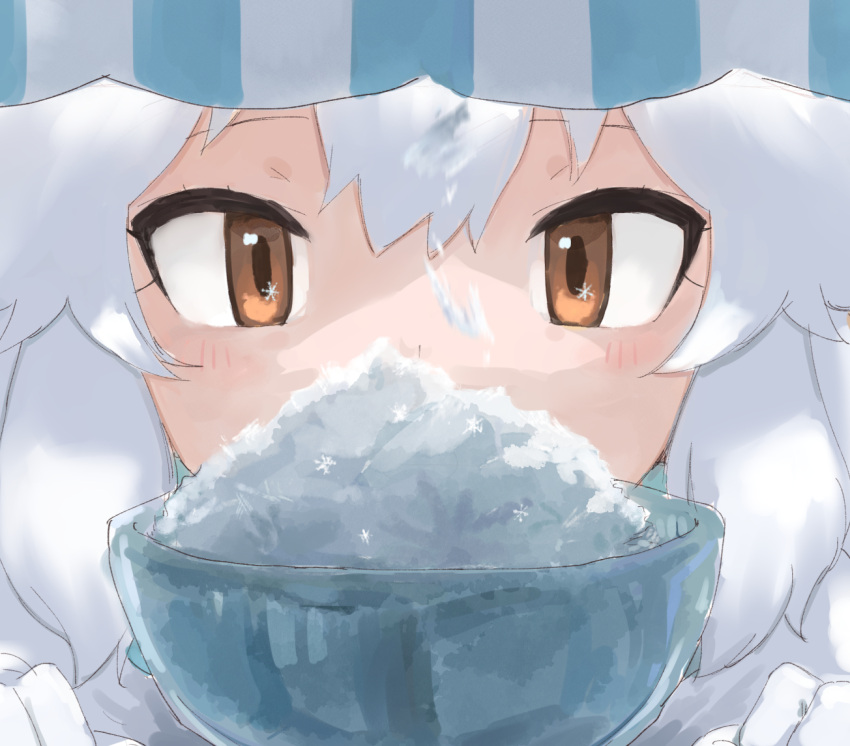 1girl arctic_fox_(kemono_friends) blush close-up coat commentary_request fox_girl gloves hair_between_eyes kemono_friends rumenia_(ao2is) shaved_ice sidelocks snowflakes solo white_coat white_gloves white_hair yellow_eyes