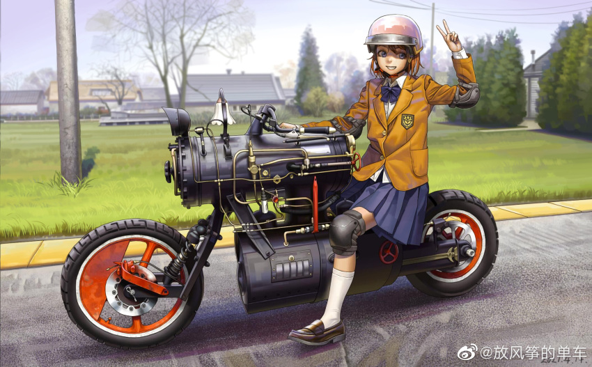 1girl arm_up blue_bow blue_bowtie blue_skirt blurry blurry_background bow bowtie brown_footwear collared_shirt elbow_pads fang_fengzheng_de_danche full_body grey_eyes grin ground_vehicle helmet highres house jacket knee_pads kneehighs loafers long_sleeves looking_to_the_side meadow medium_skirt motor_vehicle motorcycle orange_hair orange_jacket original outdoors pine_tree pleated_skirt road school_uniform shirt shoes short_hair sitting skirt smile socks solo street tree utility_pole v weibo_logo weibo_username white_shirt white_socks
