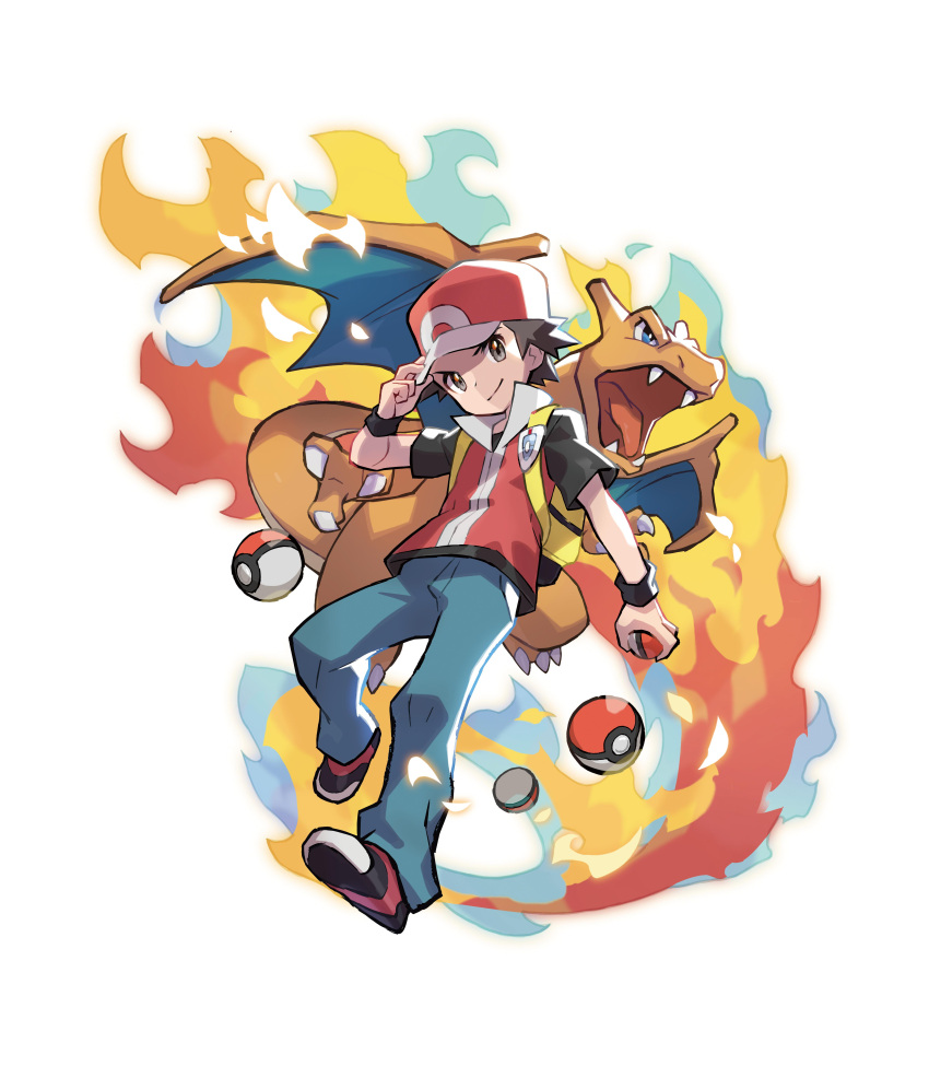 1boy absurdres backpack bag blue_eyes charizard fangs fire hat highres holding holding_clothes holding_hat male_focus official_art open_mouth poke_ball poke_ball_(basic) pokemon pokemon_(creature) pokemon_(game) pokemon_frlg red_(pokemon) smile tail vs_seeker white_background wings