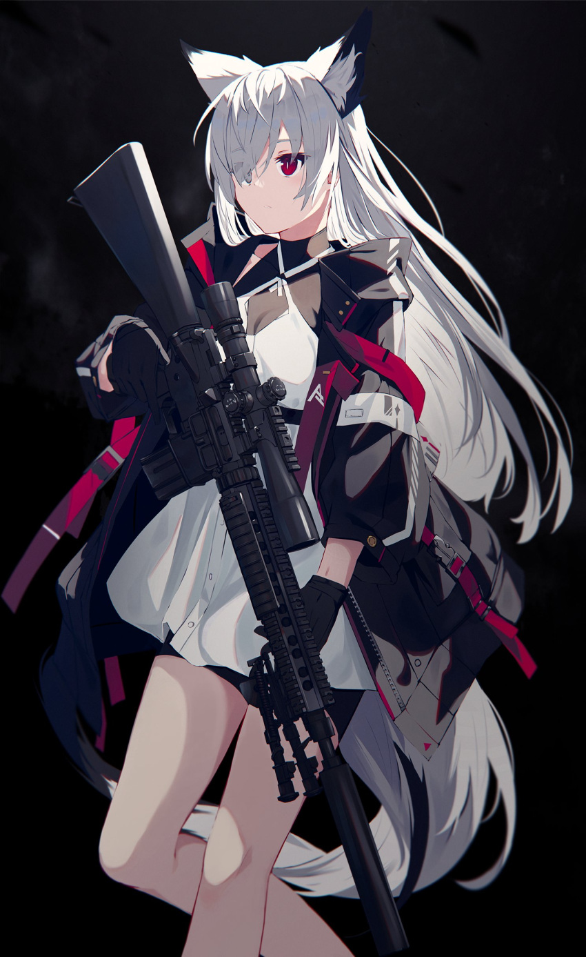 1girl absurdres animal_ear_fluff animal_ears ar-15 assault_rifle bangs bipod closed_mouth dress extra_ears fox_ears fox_girl fox_tail gloves gun hair_between_eyes highres holding holding_gun holding_weapon hood hoodie long_hair long_hoodie nagishiro_mito open_clothes open_hoodie original red_eyes rifle scope short_shorts shorts sidelocks simple_background solo suppressor tail trigger_discipline weapon white_dress white_hair white_tail