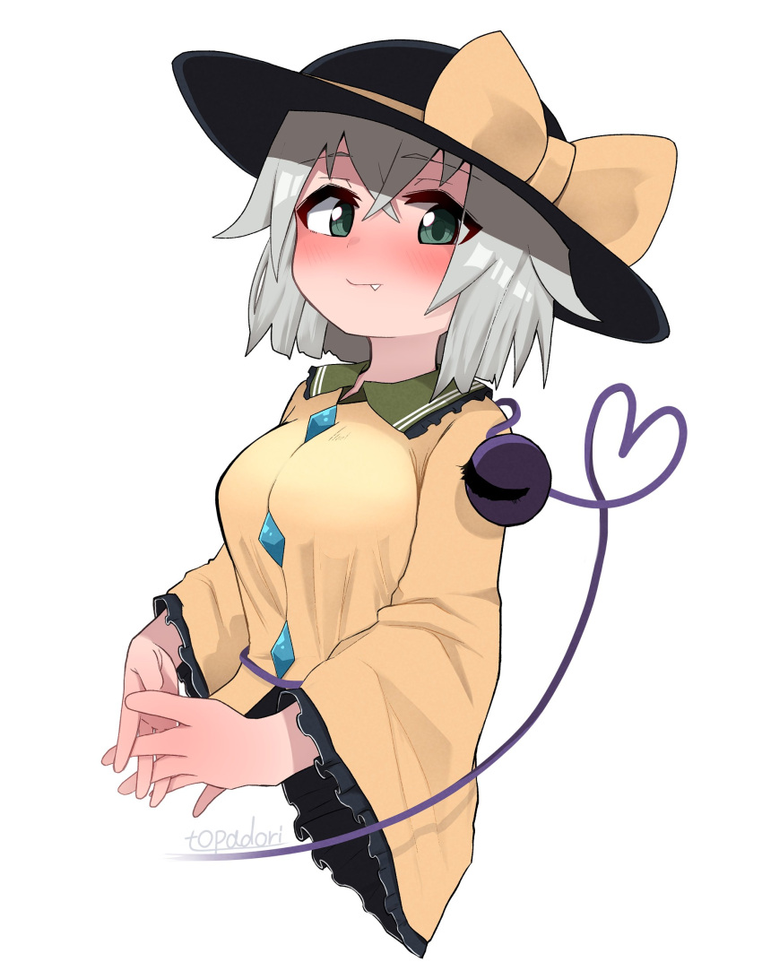 1girl absurdres black_headwear blush breasts closed_mouth collared_shirt cropped_torso fang frilled_sleeves frills green_eyes grey_hair hat heart highres interlocked_fingers komeiji_koishi looking_at_viewer medium_breasts own_hands_together shirt simple_background solo sun_hat third_eye topadori touhou white_background wide_sleeves yellow_shirt