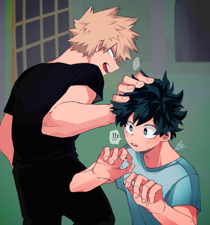 !? 2boys bakugou_katsuki black_pants black_shirt blonde_hair blue_shirt boku_no_hero_academia commentary_request freckles green_eyes green_hair hand_on_another's_head hands_up highres indoors kai2_ly male_focus midoriya_izuku multiple_boys open_mouth pants red_eyes shirt short_hair short_sleeves signature spiky_hair spoken_interrobang standing