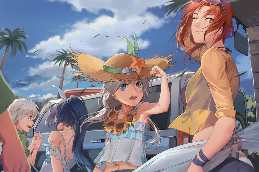 5girls 791_(meiyuewudi) :d ahoge armpits backless_dress backless_outfit bangs bare_shoulders beach_umbrella black_shirt blue_dress blue_eyes blue_sky car closed_mouth clouds cloudy_sky dress eyewear_on_head flower fu_hua fu_hua_(night_squire) green_jacket green_shirt ground_vehicle hat highres holding honkai_(series) honkai_impact_3rd jacket kiana_kaslana kiana_kaslana_(knight_moonbeam) long_hair looking_at_viewer looking_back midriff motor_vehicle multiple_girls murata_himeko murata_himeko_(scarlet_fusion) one_eye_closed open_mouth outdoors palm_tree ponytail purple_hair raiden_mei raiden_mei_(lightning_empress) redhead see-through see-through_shirt shirt sky sleeves_rolled_up smile straw_hat sundress sunflower sunglasses theresa_apocalypse theresa_apocalypse_(valkyrie_pledge) tree umbrella white_hair yellow_eyes yellow_shirt