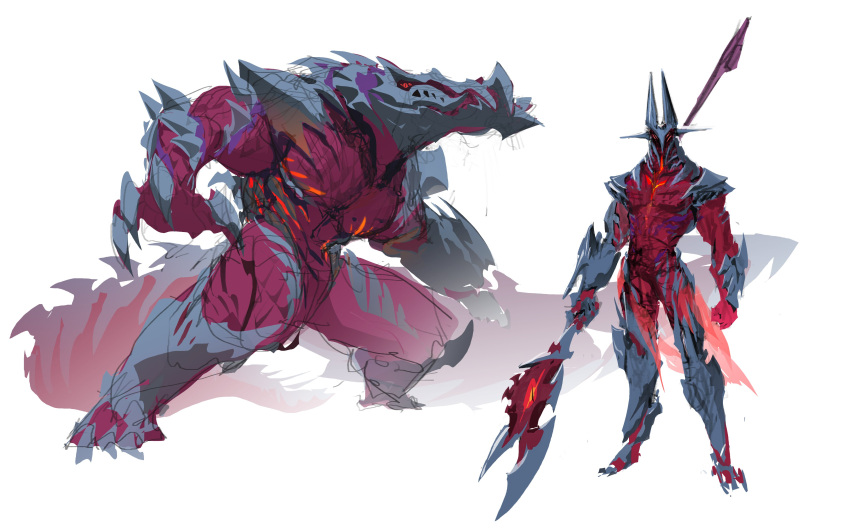 2boys absurdres alternate_costume armor claws clenched_hand collarbone colored_skin creature grey_background helmet highres holding holding_weapon horns league_of_legends lim_donghyun looking_at_viewer male_focus multiple_boys nasus red_eyes red_skin renekton reptile_boy sketch standing tail weapon