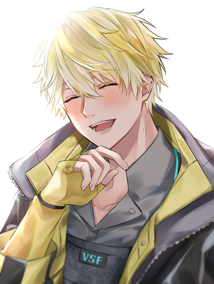 1boy :d ^_^ backlighting bangs black_jacket blonde_hair blush bulletproof_vest closed_eyes collarbone collared_shirt commentary_request fingerless_gloves gloves grey_shirt hair_ornament hand_up happy highres jacket laughing long_sleeves male_focus nijisanji nijisanji_en open_clothes open_jacket open_mouth round_teeth shirt short_hair sioxxx0711 smile solo sonny_brisko teeth tongue upper_body virtual_youtuber white_background yellow_gloves zipper