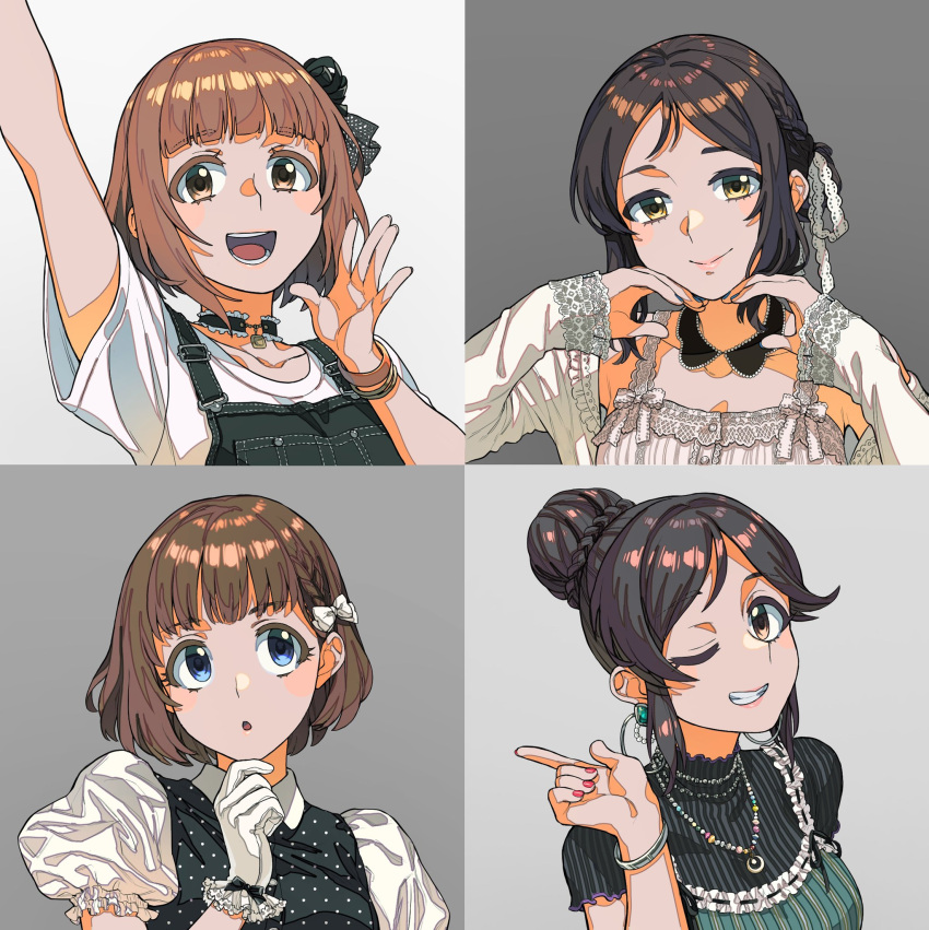 4girls ;d ayase_honoka bangs black_hair blunt_bangs bracelet braid braided_bangs brown_hair collage dress earrings french_braid frilled_sleeves frilled_square_(idolmaster) frills gloves grey_background grin hair_bun highres idolmaster idolmaster_cinderella_girls jewelry kitami_yuzu kudo_shinobu lace-trimmed_shirt lace-trimmed_sleeves lace_trim looking_at_viewer momoi_azuki multiple_girls nail_polish namiko817 one_eye_closed polka_dot polka_dot_shirt portrait puffy_short_sleeves puffy_sleeves shirt short_sleeves simple_background single_hair_bun sleeveless sleeveless_shirt smile striped striped_dress suspenders white_gloves