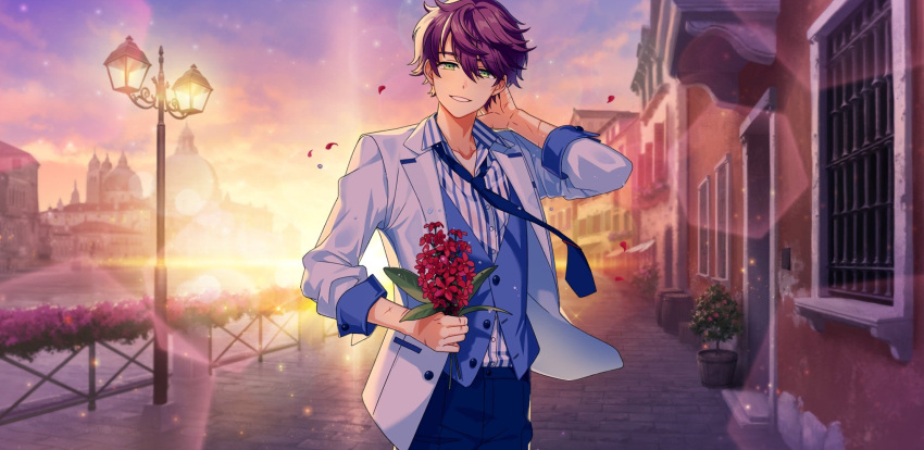 1boy afterl!fe blush flower green_eyes highres looking_at_viewer male_focus noah_(afterl!fe) official_art purple_hair red_flower scar second-party_source short_hair smile solo teeth