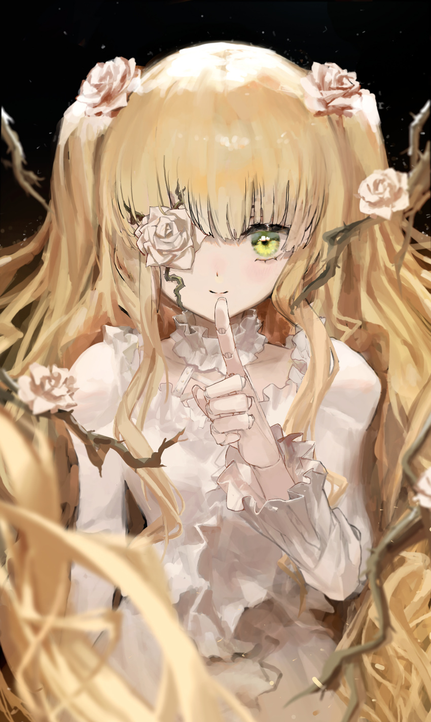 1girl absurdres bangs black_background blonde_hair closed_mouth doll_joints finger_to_mouth flower flower_over_eye green_eyes hair_flower hair_ornament hand_up highres joints kirakishou long_hair long_sleeves looking_at_viewer rose rozen_maiden rsef shirt shushing simple_background smile solo twintails two_side_up very_long_hair white_flower white_rose white_shirt
