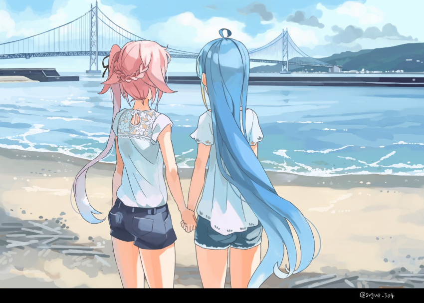 2girls alternate_costume aqua_hair beach blonde_hair bridge clouds day denim denim_shorts from_behind gradient_hair hair_ribbon harusame_(kancolle) holding_hands kantai_collection long_hair multicolored_hair multiple_girls outdoors pink_hair ponytail ribbon samidare_(kancolle) shirt short_sleeves shorts side_ponytail sky sugue_tettou twitter_username very_long_hair water white_shirt