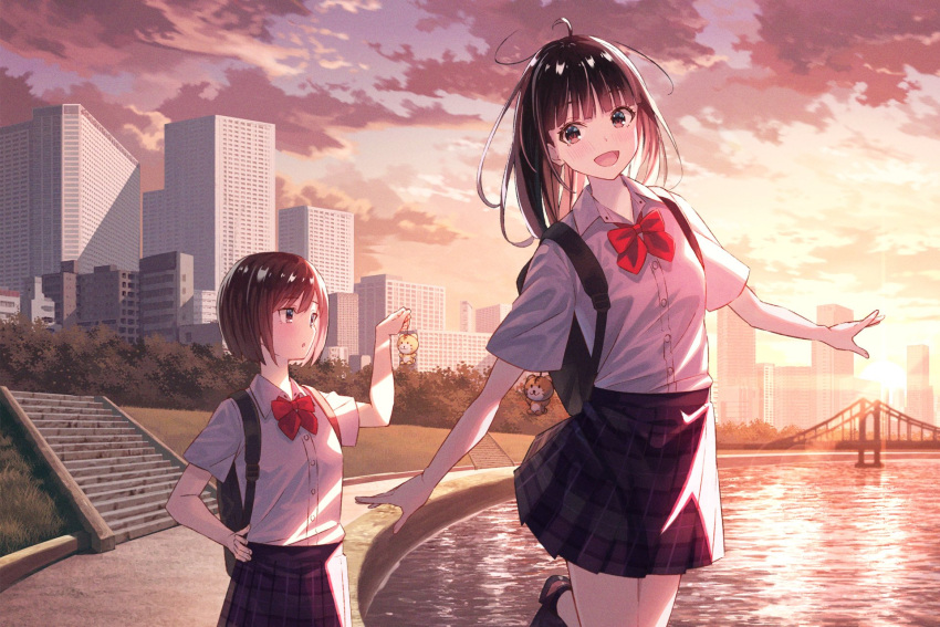 2girls backpack bag bangs black_bag blue_skirt blush bob_cut bow bowtie bridge brown_eyes brown_hair building city clouds collared_shirt hand_up highres koh_rd long_hair looking_at_viewer multiple_girls open_mouth original outdoors outstretched_arms plaid plaid_skirt pleated_skirt red_bow red_bowtie river riverbank scenery school_uniform shirt short_hair short_sleeves skirt sky smile spread_arms stairs standing sunset suspension_bridge water white_shirt