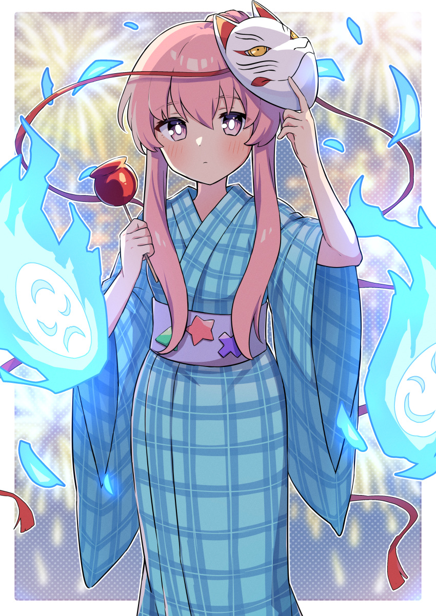 1girl absurdres alternate_costume aura belt bubble_skirt dress fireworks fox_mask hata_no_kokoro highres japanese_clothes kimono long_hair mask mask_on_head miz_(mizillustration) pink_eyes pink_hair plaid plaid_dress skirt solo summer_festival touhou yukata