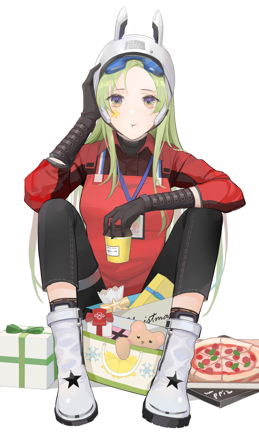 1girl absurdres animal_ears apron bangs black_gloves black_pants blue_eyes boots box breasts chilli_646 christmas closed_mouth coffee_cup cup denim disposable_cup elbow_gloves eyewear_on_head facial_mark fake_animal_ears food fp-6_(girls'_frontline) fp-6_(satellite_of_love)_(girls'_frontline) full_body gift gift_box girls_frontline gloves green_hair helmet highres holding holding_cup id_card jeans long_hair long_sleeves looking_at_viewer merry_christmas motorcycle_helmet multicolored_eyes official_alternate_costume orange_eyes pants pizza polo_shirt red_apron red_shirt safety_glasses shirt sitting socks solo star_(symbol) star_facial_mark star_tattoo tattoo toy white_background white_footwear white_helmet