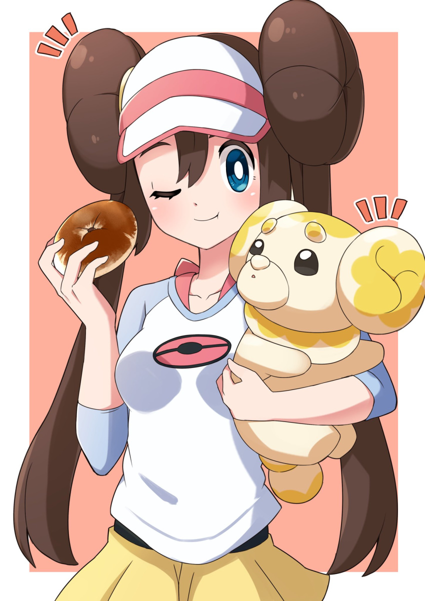 1girl ;t aqua_eyes bangs black_pantyhose border bow breasts bright_pupils brown_hair closed_mouth collarbone commentary_request double_bun doughnut eating fidough food hair_bun highres holding holding_food holding_pokemon legwear_under_shorts long_hair miyama-san notice_lines one_eye_closed outside_border pantyhose pink_bow pokemon pokemon_(creature) pokemon_(game) pokemon_bw2 raglan_sleeves rosa_(pokemon) shirt shorts smile twintails visor_cap white_border white_pupils yellow_shorts