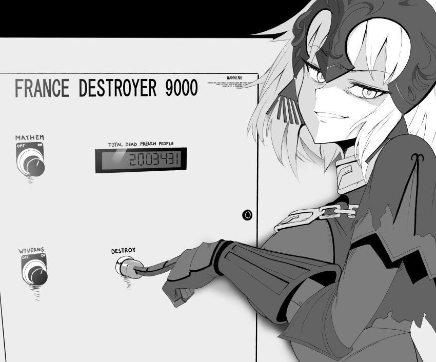 1girl absurdres armor armored_dress chain english_text fate/grand_order fate_(series) greyscale grin headpiece highres jeanne_d'arc_alter_(avenger)_(fate) jeanne_d'arc_alter_(fate) looking_at_viewer looking_back monochrome pressing pushbutton sally_(luna-arts) smile smug solo