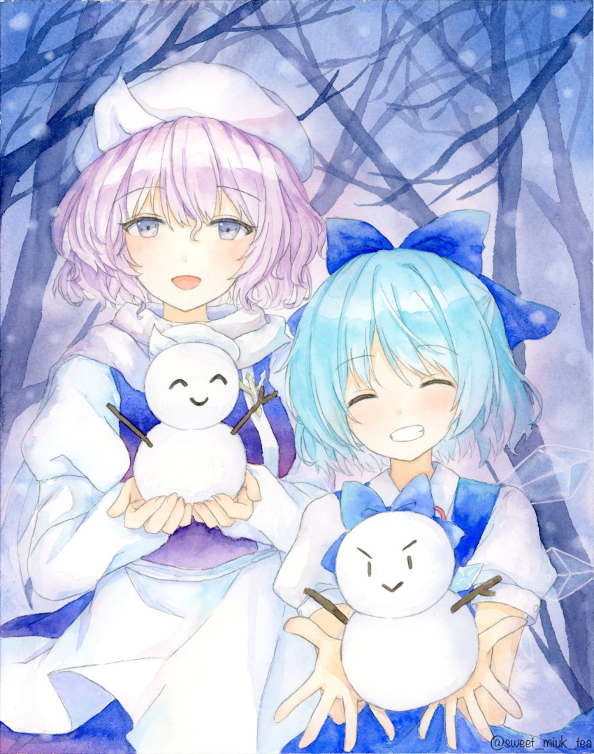 2girls :&gt; ^_^ blue_bow blue_hair bow cirno closed_eyes grin hair_bow highres holding ice ice_wings juliet_sleeves letty_whiterock long_sleeves multiple_girls open_mouth outdoors painting_(medium) puffy_sleeves purple_hair scarf short_hair smile snowman sweet_miuk_tea touhou traditional_media tree upper_body violet_eyes watercolor_(medium) white_headwear white_scarf wings