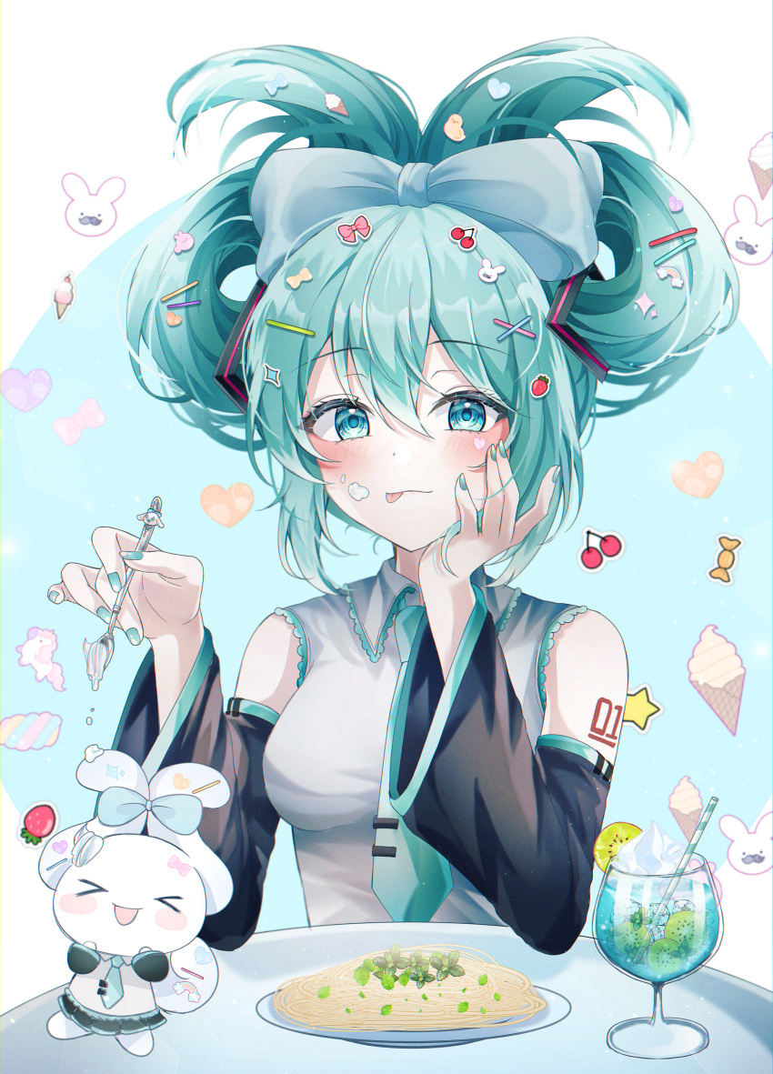 &gt;_&lt; 1girl :d :p absurdres aqua_eyes aqua_hair aqua_nails aqua_necktie arm_tattoo bangs bare_shoulders black_sleeves blue_bow blush blush_stickers bow candy cherry cinnamiku cinnamoroll closed_mouth collared_shirt commentary cup detached_sleeves drinking_glass drinking_straw ear_bow eyelashes fingernails food food_on_face fruit grey_shirt hair_between_eyes hair_bow hair_ornament hairclip hand_on_own_cheek hand_on_own_face hands_up hatsune_miku heart highres holding ice_cream_cone kiwi_(fruit) kiwi_slice long_hair long_sleeves looking_at_viewer nail_polish necktie noodles number_tattoo plate ryunbi sanrio shirt sidelocks sleeveless sleeveless_shirt smile star_(symbol) sticker strawberry table tattoo tie_clip tied_ears tongue tongue_out two-tone_background unicorn updo upper_body vocaloid whipped_cream wide_sleeves wing_collar x_hair_ornament