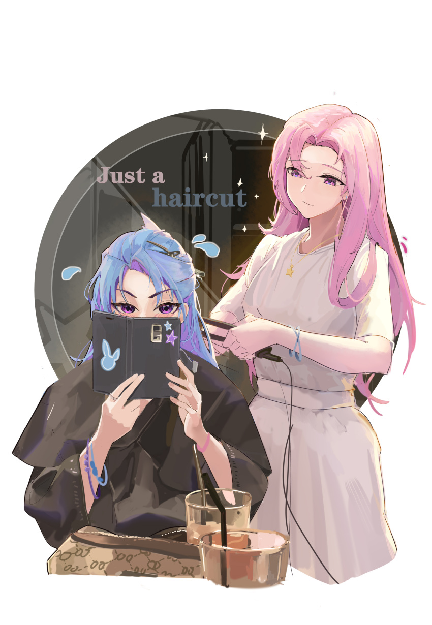 2girls absurdres akali alternate_costume alternate_hairstyle bangs blue_hair closed_mouth dress english_text grey_background highres holding holding_phone kai'sa karliann league_of_legends long_sleeves looking_at_another multiple_girls official_alternate_hairstyle phone pink_eyes pink_hair simple_background smile star_(symbol) star_guardian_akali star_guardian_kai'sa white_dress