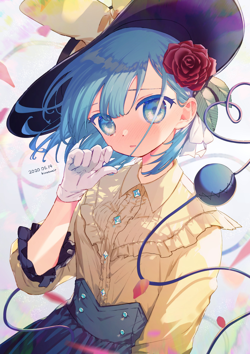 1girl absurdres adapted_costume aqua_eyes aqua_hair artist_name bangs black_headwear black_skirt blush bow buttons commentary dated diamond_button flower frilled_sleeves frills full-face_blush gloves hair_flower hair_ornament hand_to_own_mouth hat hat_bow heart heart_of_string high-waist_skirt highres hinasumire koishi_day komeiji_koishi leaf_hair_ornament looking_at_viewer medium_hair open_mouth petals rose shirt signature skirt sleeves_past_elbows solo third_eye touhou upper_body white_gloves yellow_bow yellow_shirt
